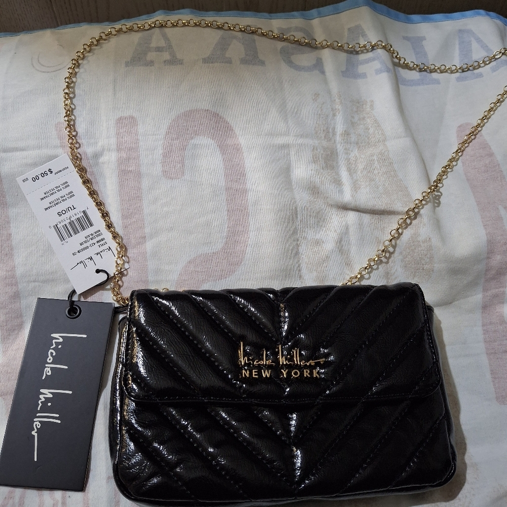 Nicole Miller Shiny Black Crossbody Bag with Gold Chain
